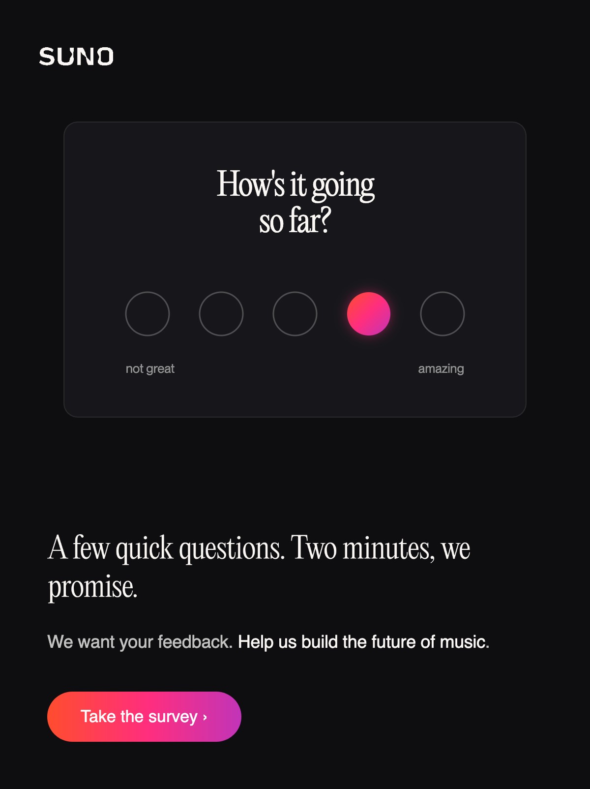 How's it going so far? A few quick questions. Two minutes, we promise. We want your feedback. Help us build the future of music. Take the survey.